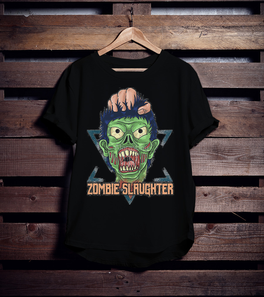 ZOMBIE SLAUGHTER Gruesome Green Undead Face In Hand Triangular Frame T-Shirt