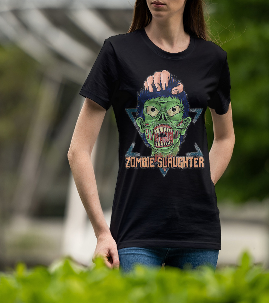 ZOMBIE SLAUGHTER Gruesome Green Undead Face In Hand Triangular Frame T-Shirt