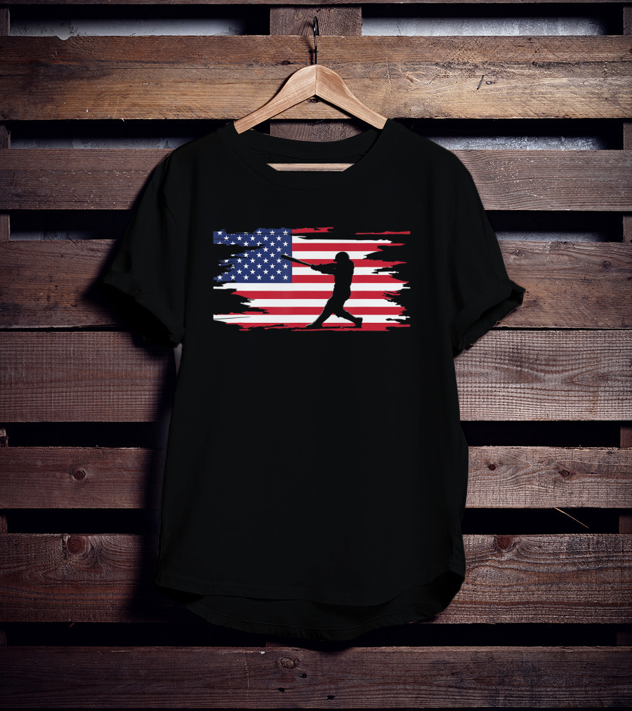 American Flag Baseball Player Silhouette Patriotic Sports T-Shirt