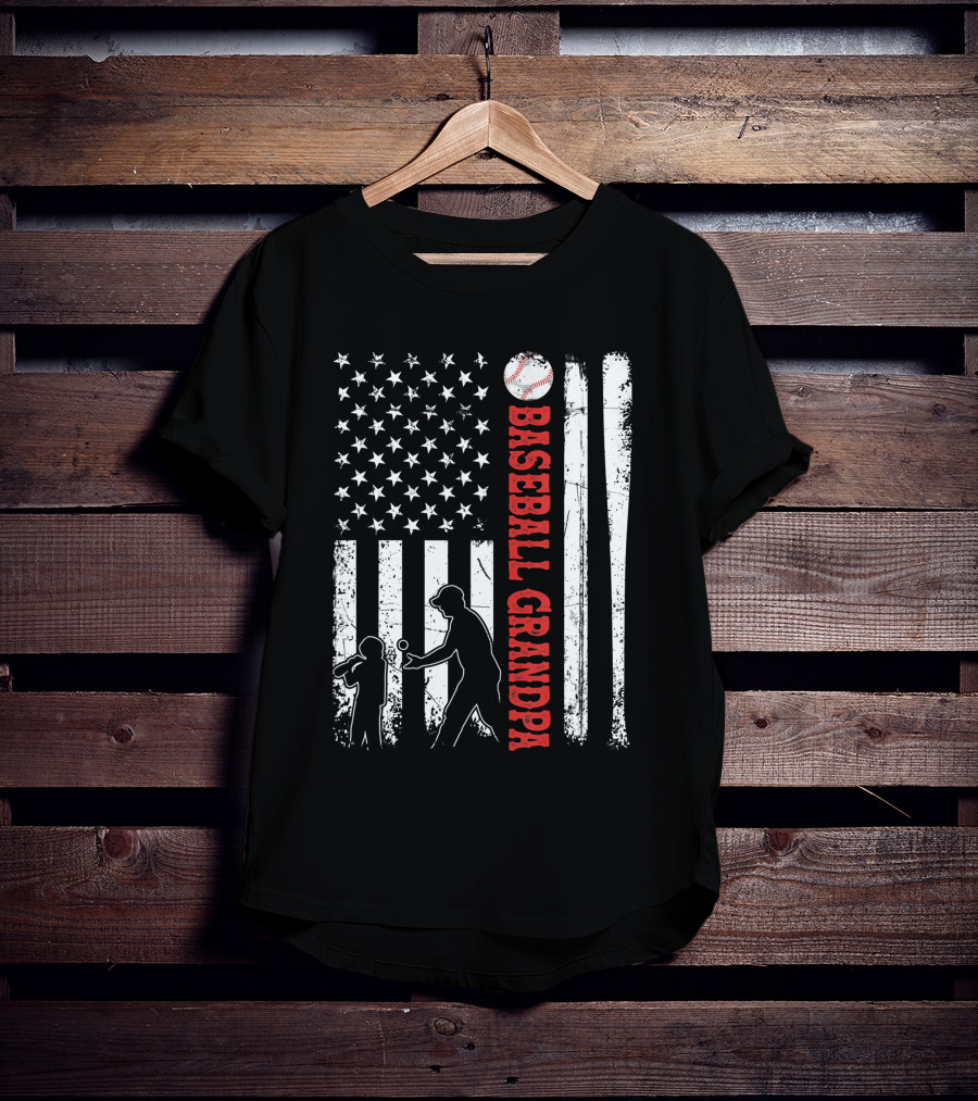 Distressed USA American Flag Baseball Grandpa Silhouette With Bats And Ball T-Shirt