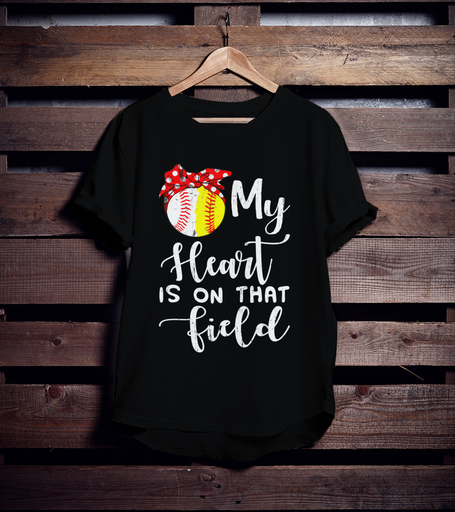 My Heart Is On That Field Baseball Softball Red Polka Dot Bow T-Shirt