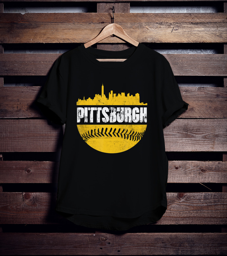 Pittsburgh Baseball Cityscape Distressed Look With Baseball Stitching T-Shirt