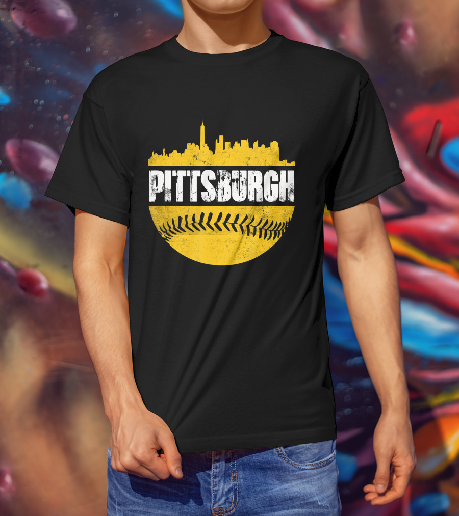 Pittsburgh Baseball Cityscape Distressed Look With Baseball Stitching T-Shirt