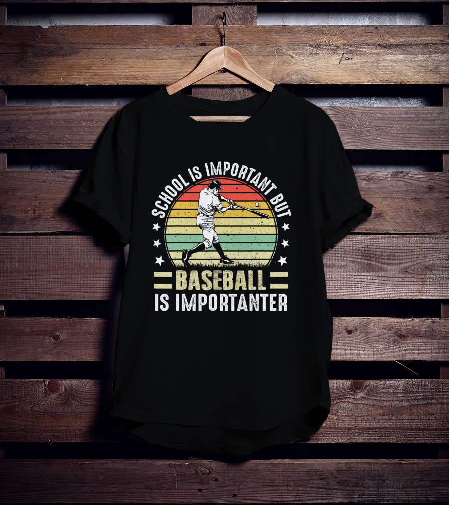 School Is Important But Baseball Is Importanter Vintage Retro Baseball Player T-Shirt