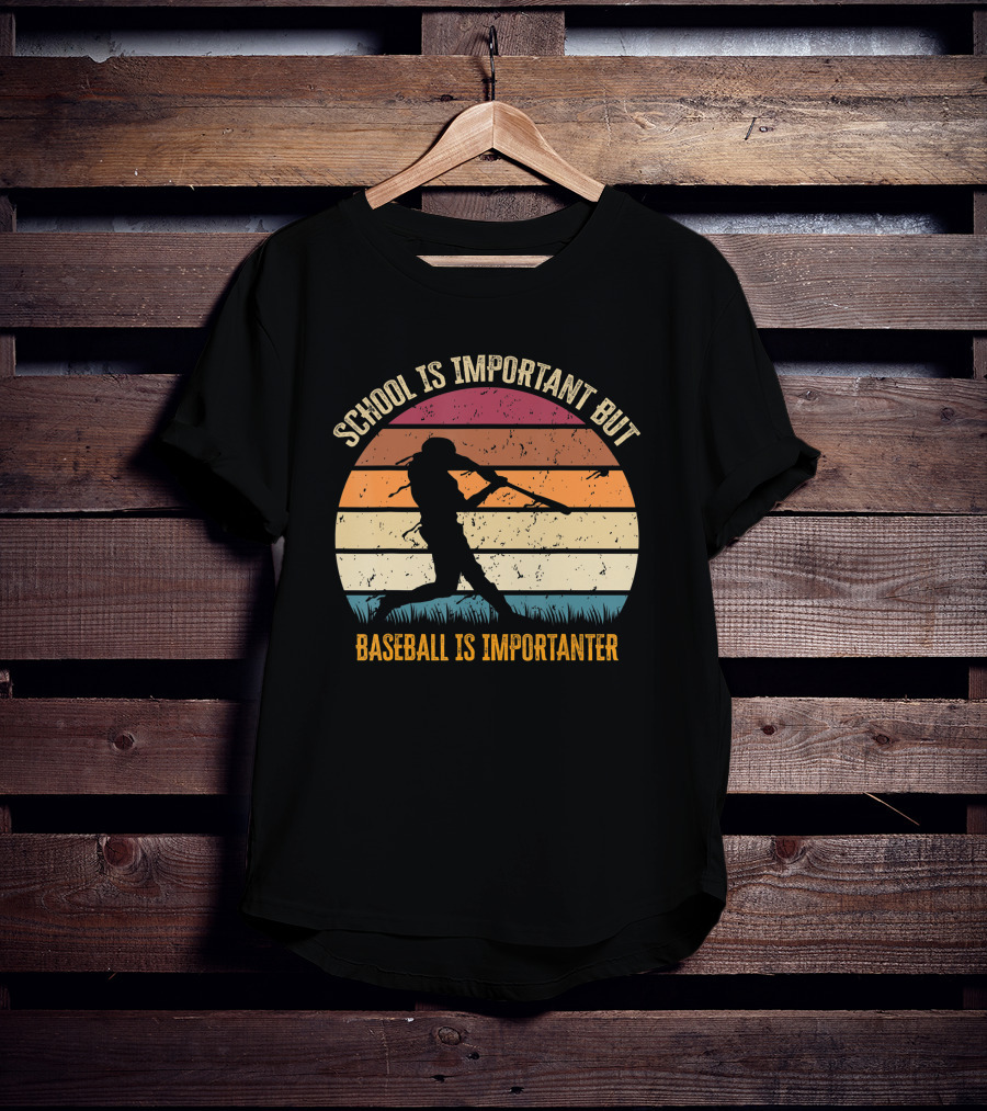 School Is Important But Baseball Is Importanter Retro Sunset Baseball Player T-Shirt