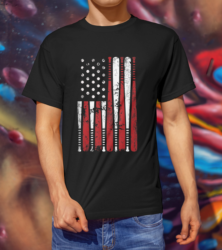 Vintage American Baseball Bat USA Flag T-Shirt