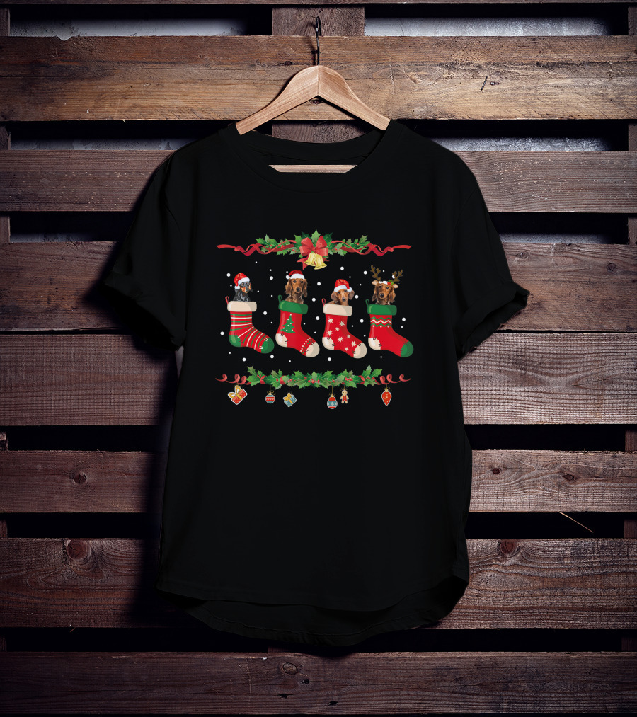 Dachshund Christmas Stocking Festive Santa Hat Reindeer Holiday Decor T-Shirt