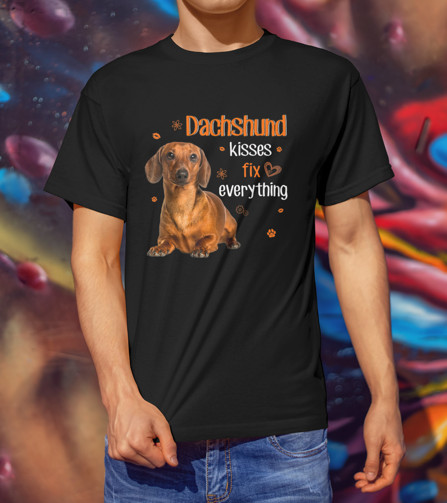 Dachshund Kisses Fix Everything Dachshund Lover Orange Paw Prints T-Shirt