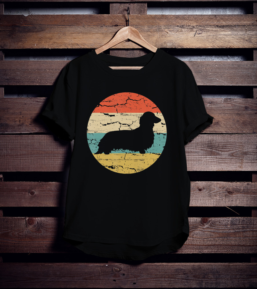 Dachshund Long Haired Dog Vintage Retro Stripes T-Shirt