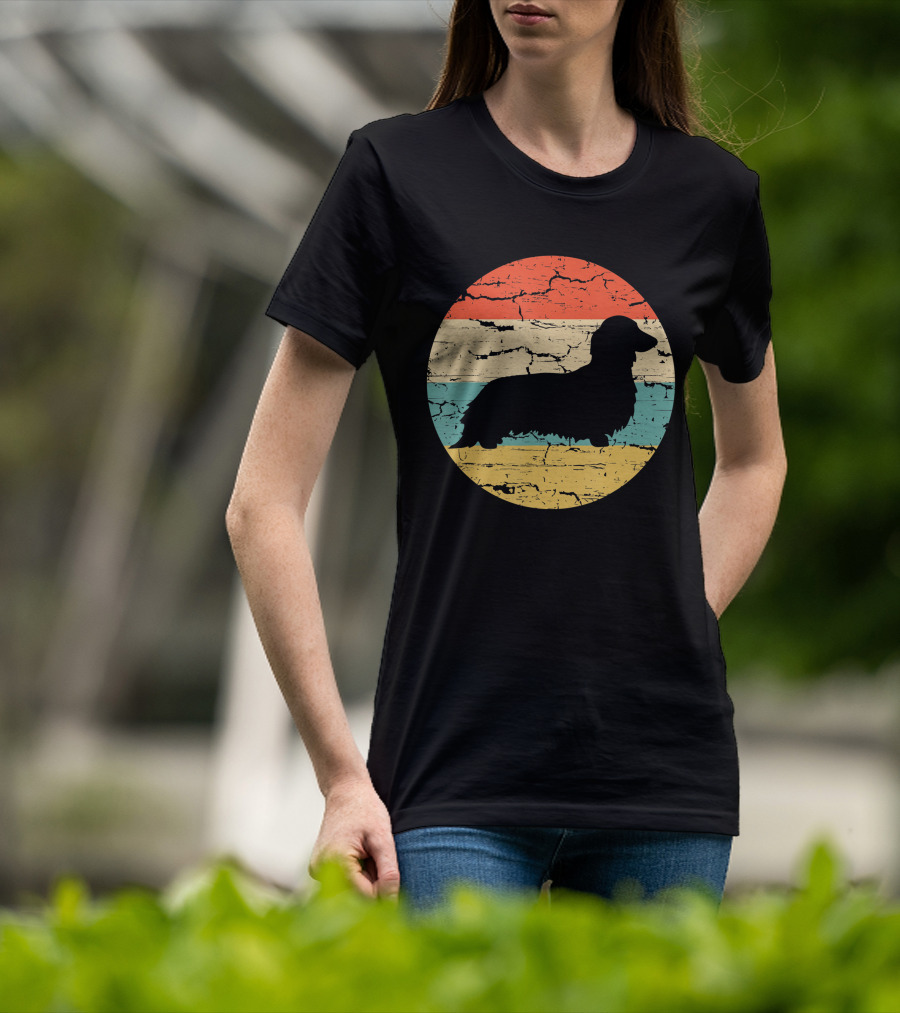Dachshund Long Haired Dog Vintage Retro Stripes T-Shirt