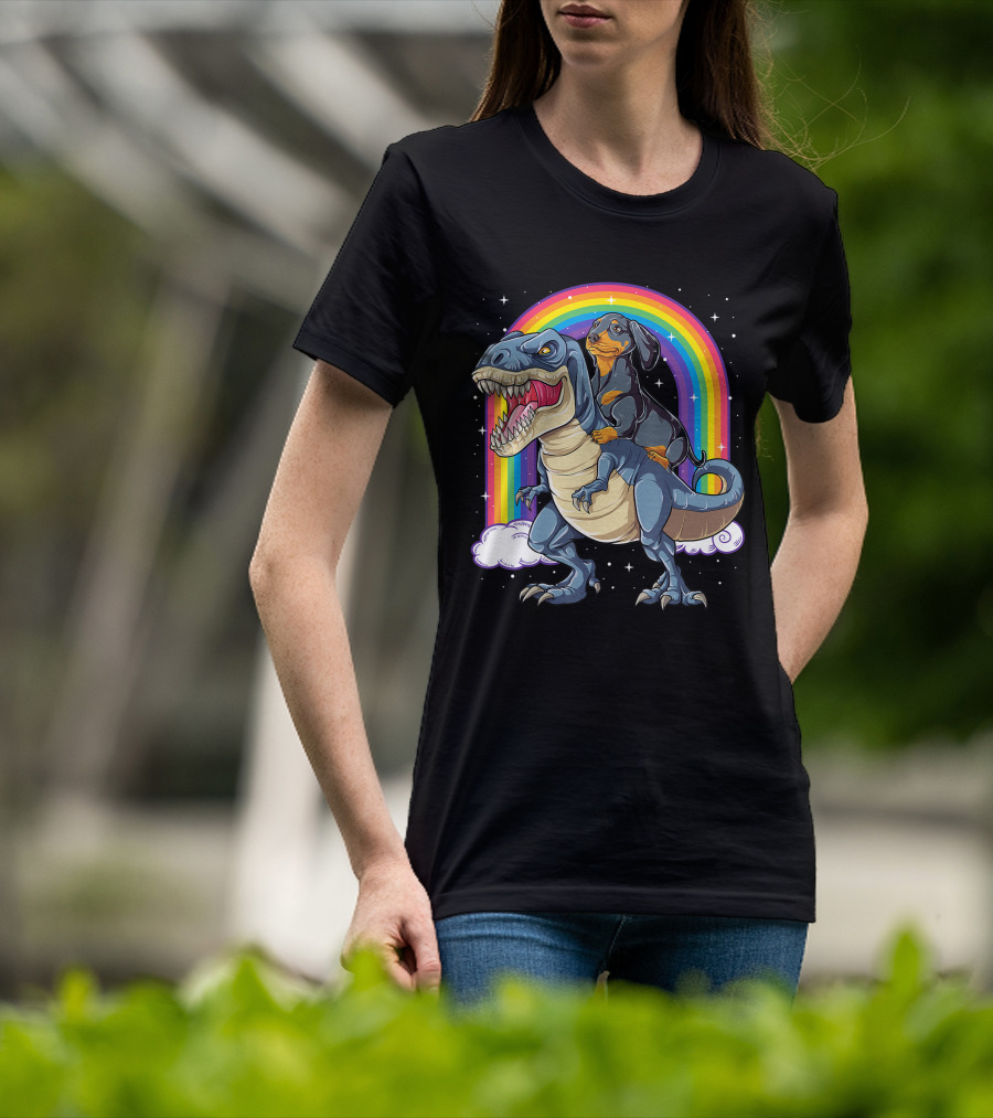 Dachshund Riding Dinosaur Rex T-Shirt