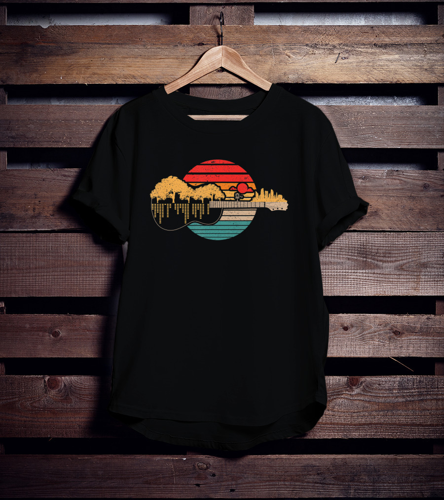 Disc Golf Flying Disc Sunset Guitar Landscape City Skyline T-Shirt