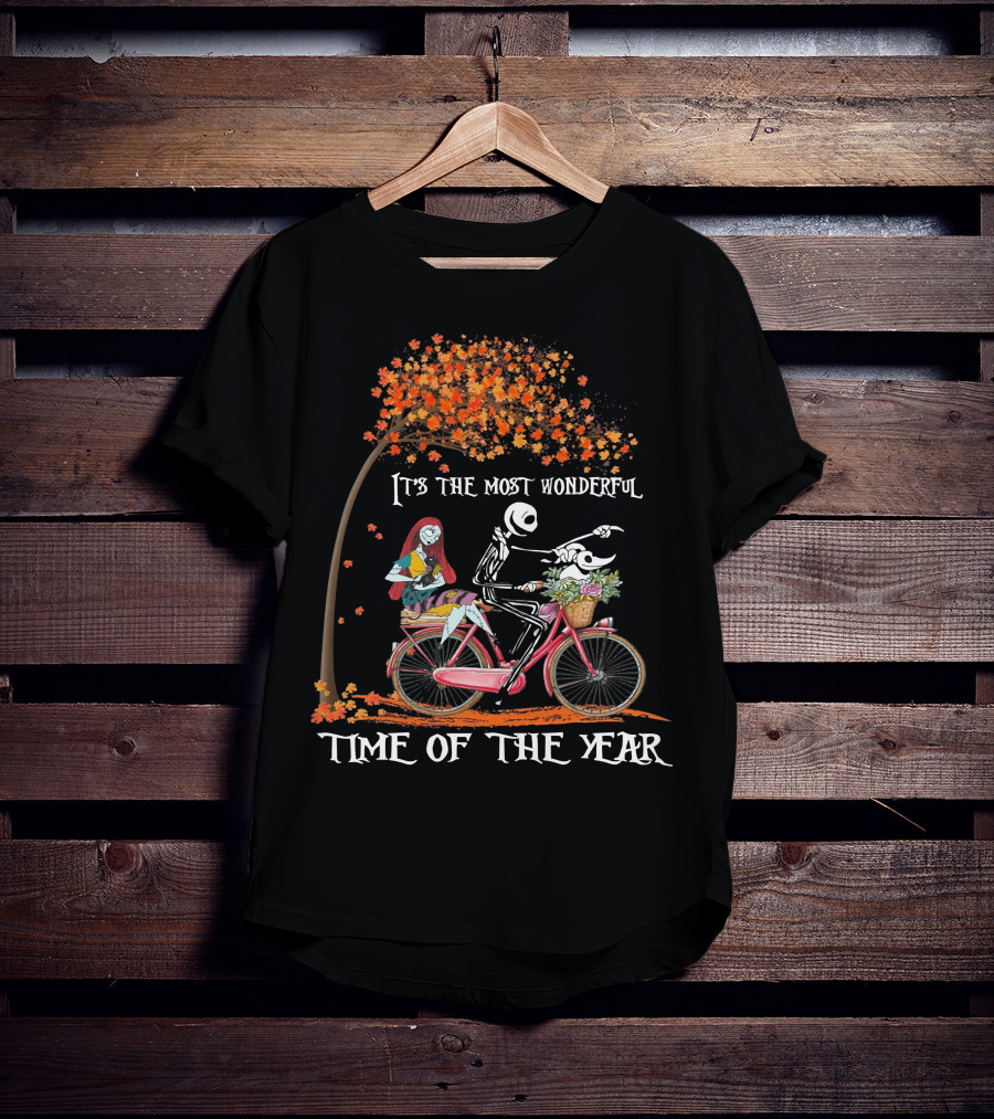 It's The Most Wonderful Time Of The Year Jack And Sally Bike Autumn Leaves T-Shirt