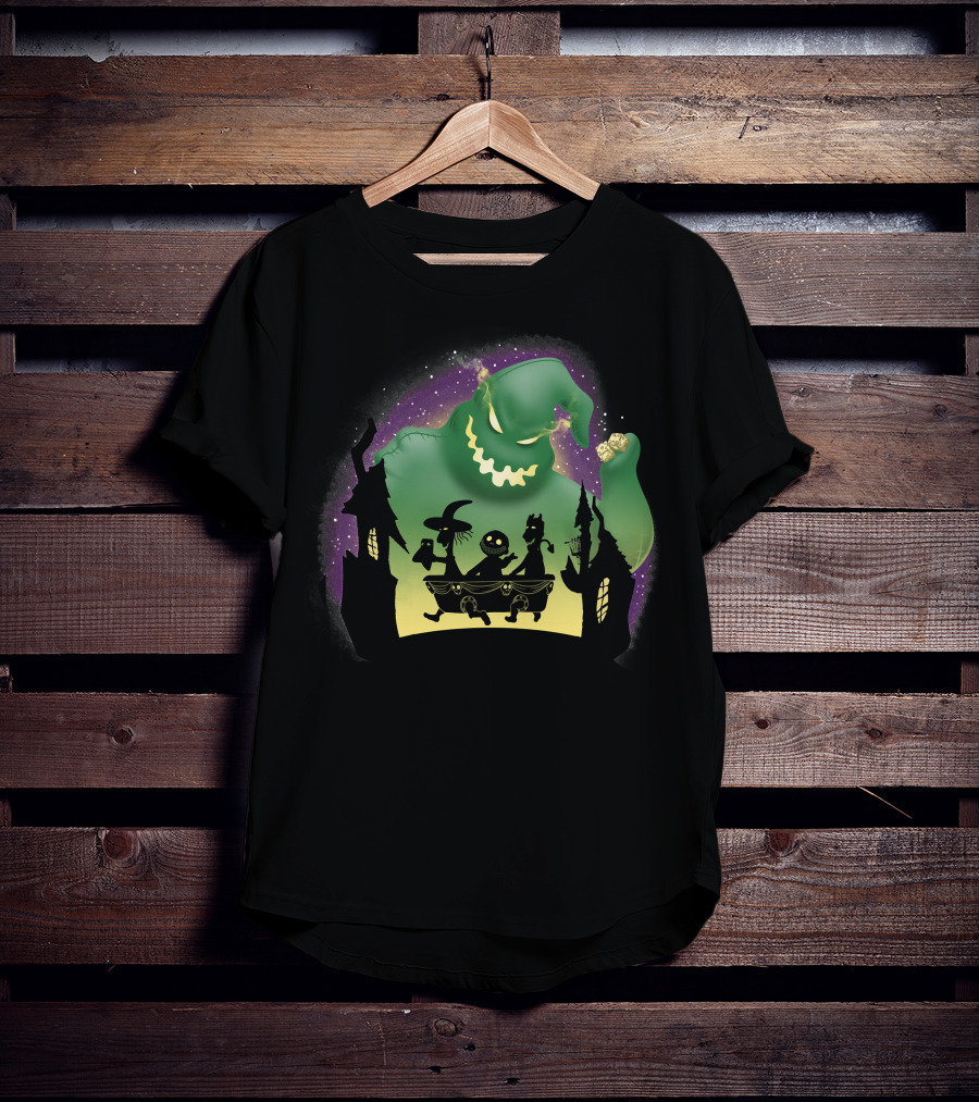 Boogie Lock Shock And Barrel Silhouette Against Green Monster And Haunted House Background T-Shirt