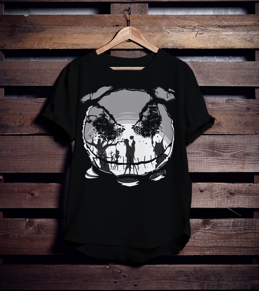 Jack And Sally Embrace In Spooky Forest Scene T-Shirt