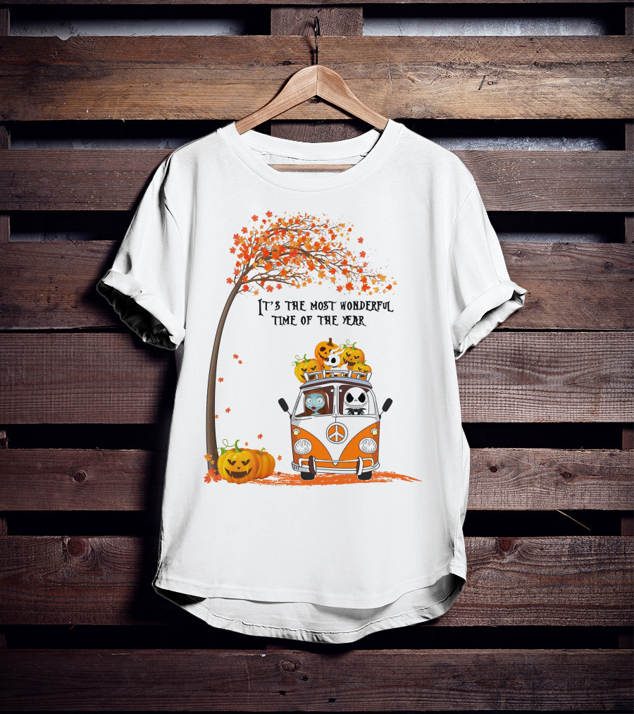 It's The Most Wonderful Time Of The Year Jack Sally Zero And Pumpkin In Van With Tree And Autumn Leaves T-Shirt