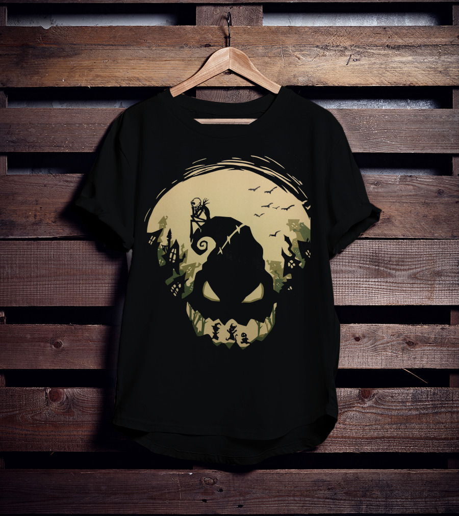 Jack Skellington Sitting On Curved Hilltop Over Oogie Boogie With Walking Figures And Bats In Spooky Moonlit Landscape T-Shirt