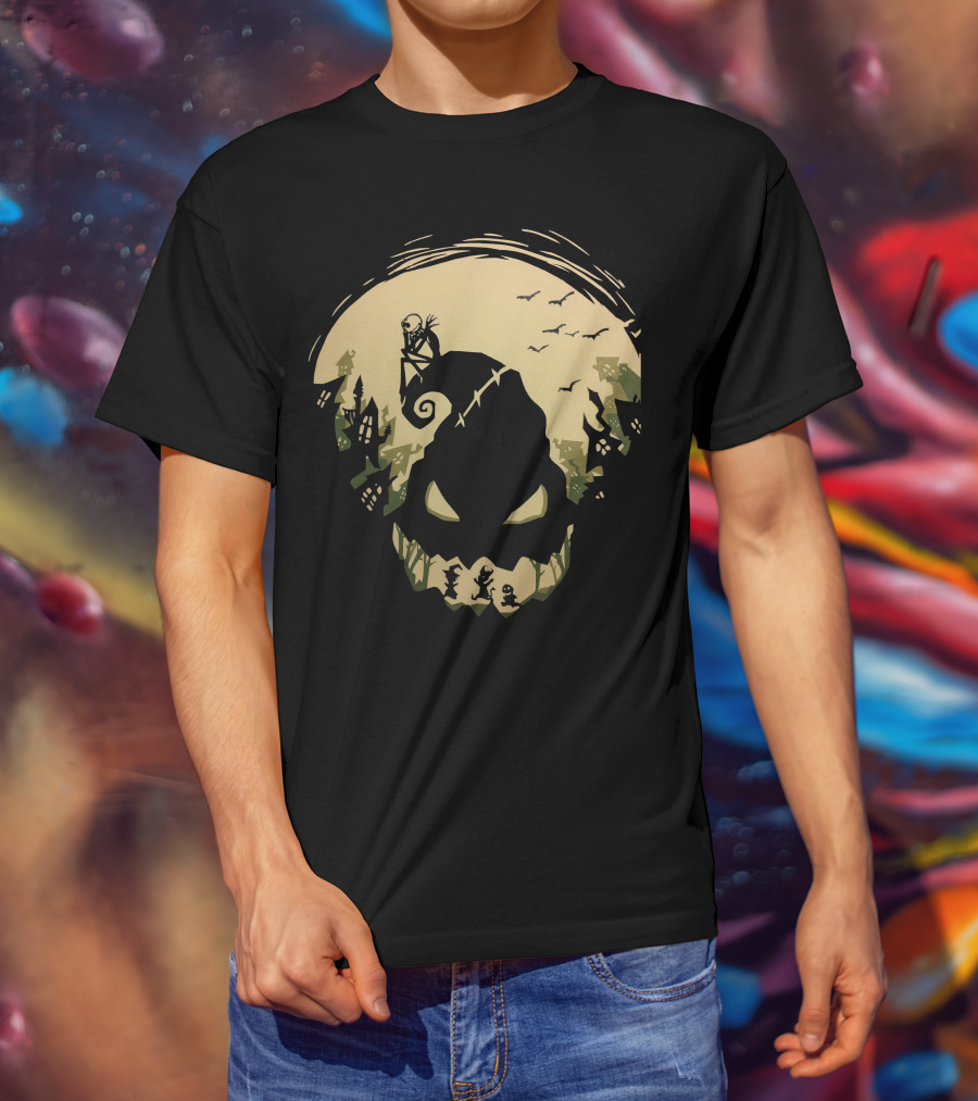 Jack Skellington Sitting On Curved Hilltop Over Oogie Boogie With Walking Figures And Bats In Spooky Moonlit Landscape T-Shirt