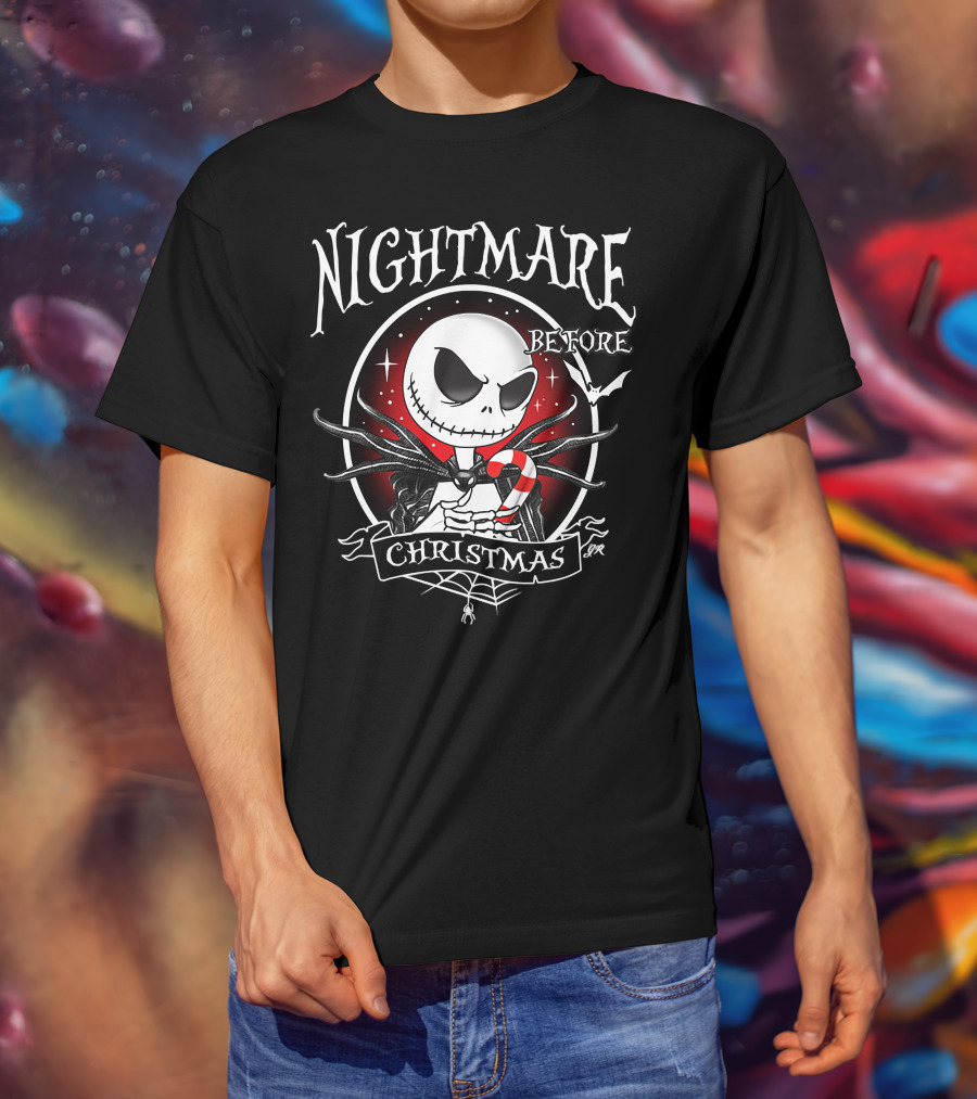 Jack Skellington Holding Candy Cane With Bat Nightmare Before Christmas T-Shirt
