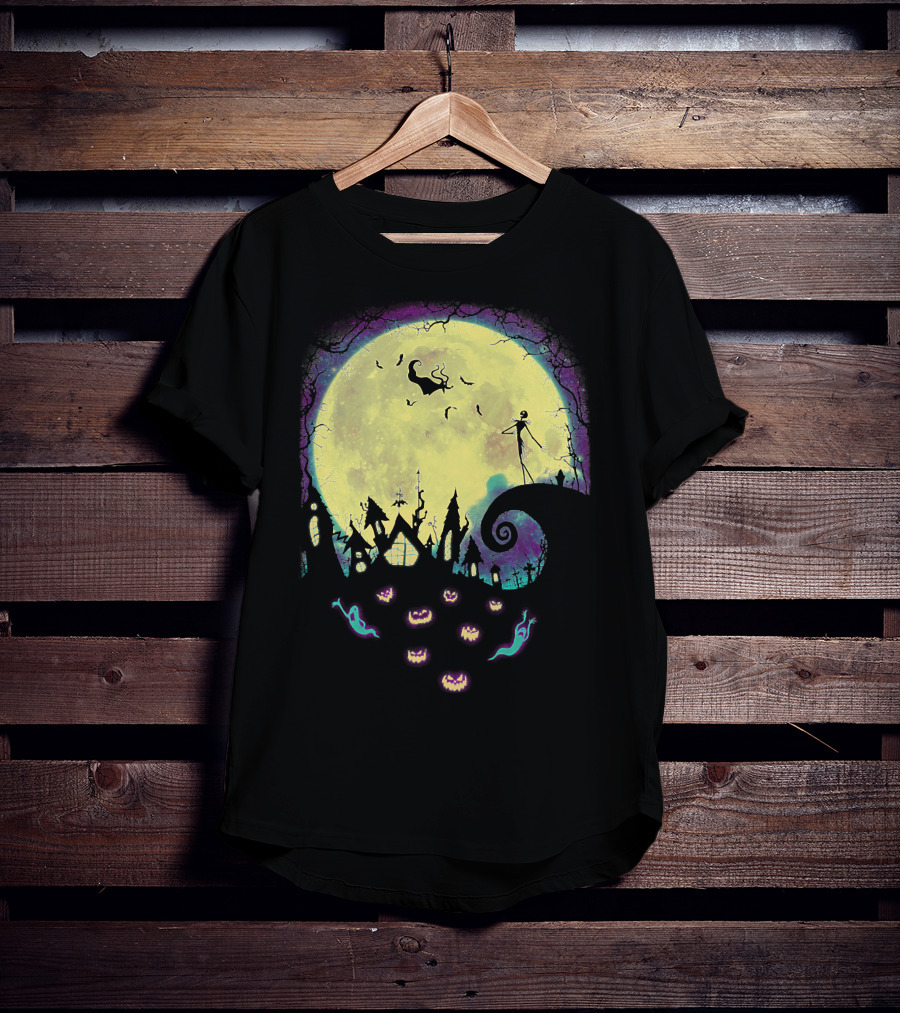 Jack Zero Moonlit Halloween Scene With Ghostly Pumpkins T-Shirt