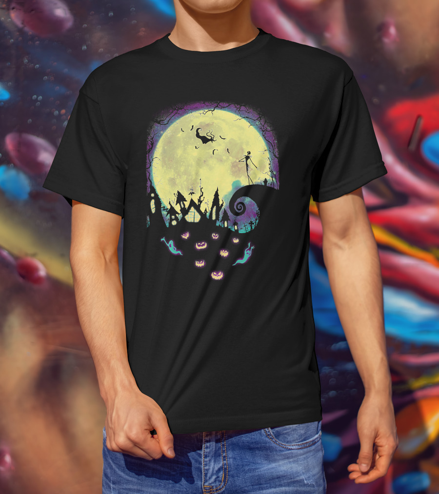 Jack Zero Moonlit Halloween Scene With Ghostly Pumpkins T-Shirt