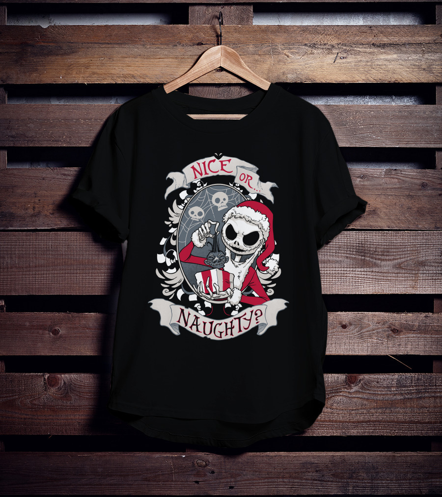 Nice Or Naughty Santa Skeleton With Skull Background T-Shirt