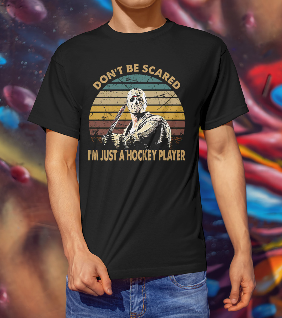 Don't Be Scared I'm Just A Hockey Player Vintage Style Retro Mask T-Shirt