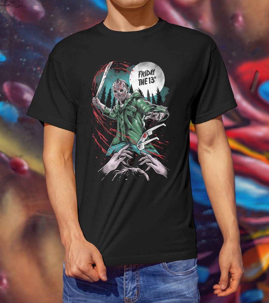 Friday The 13th Jason Vorhees Mask And Machete Horror Scene T-Shirt