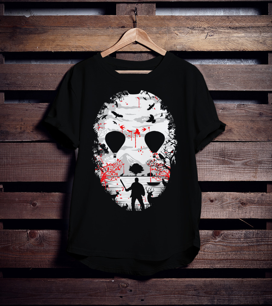 Jason Voorhees Camp Crystal Lake Mask Silhouette Counselor Scene T-Shirt