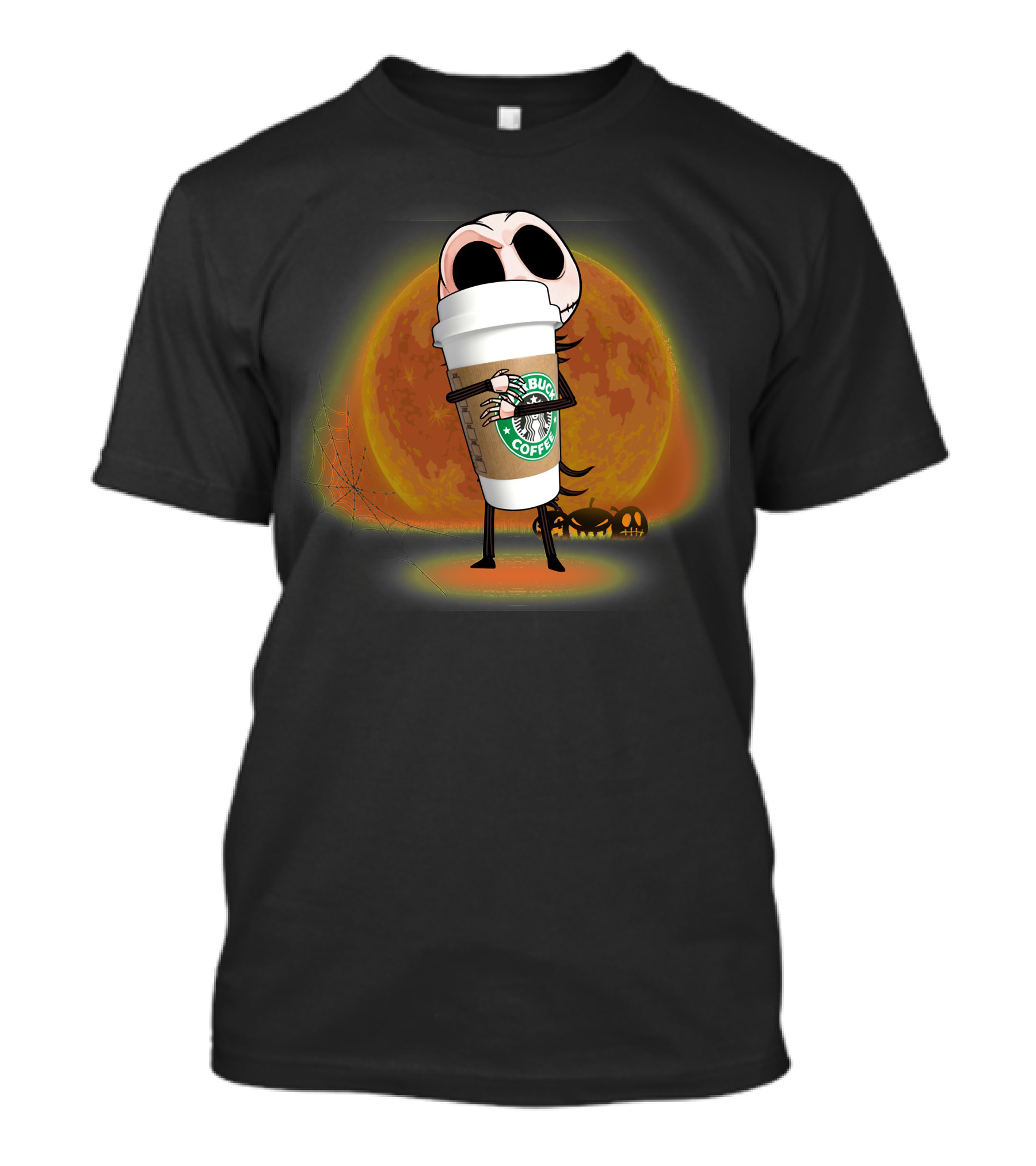 Jack Skellington Hugging Starbucks Coffee Halloween Moon Background T-Shirt