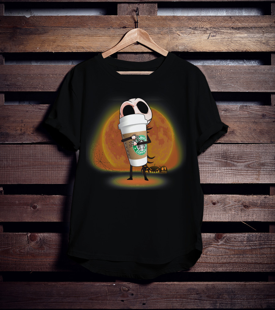 Jack Skellington Hugging Starbucks Coffee Halloween Moon Background T-Shirt