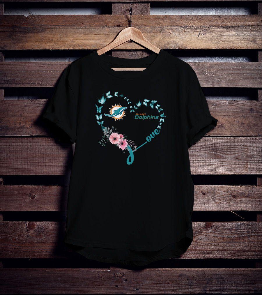 Miami Dolphins Love Heart With Butterflies And Flowers T-Shirt