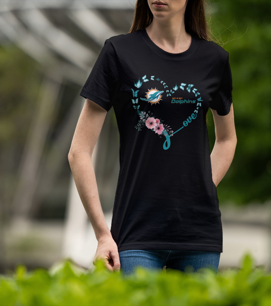 Miami Dolphins Love Heart With Butterflies And Flowers T-Shirt