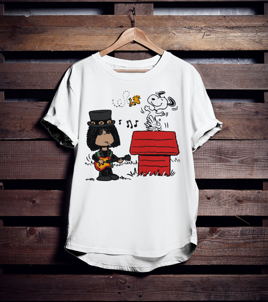 Slash Style Guitarist With Snoopy And Woodstock Playing Music T-Shirt