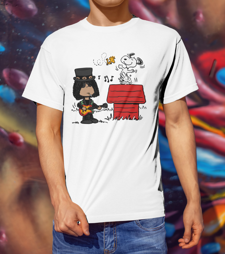 Slash Style Guitarist With Snoopy And Woodstock Playing Music T-Shirt