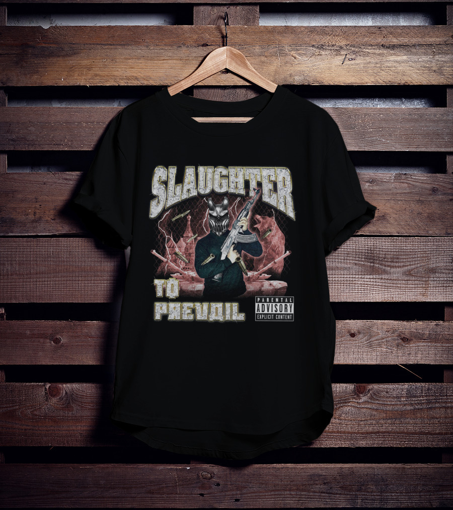Slaughter To Prevail Explicit Content Masked Figure With Gun And Bullets T-Shirt