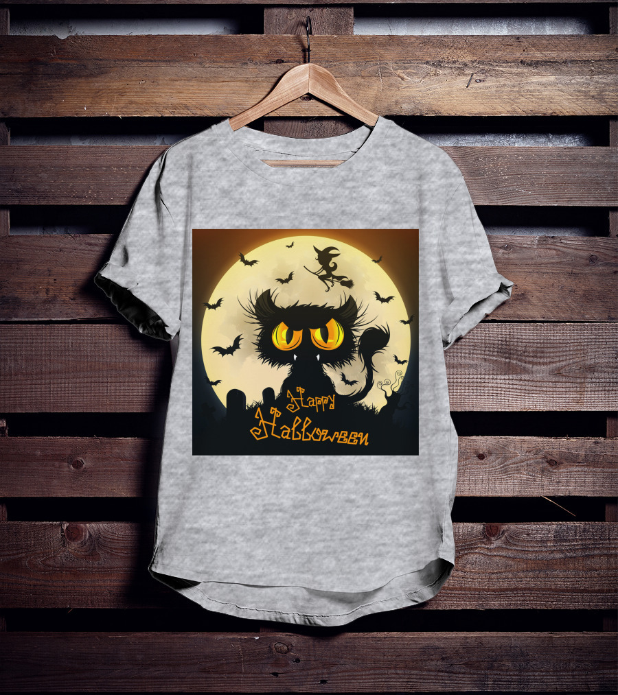 Starry Halloween Cat With Witch And Bats T-Shirt
