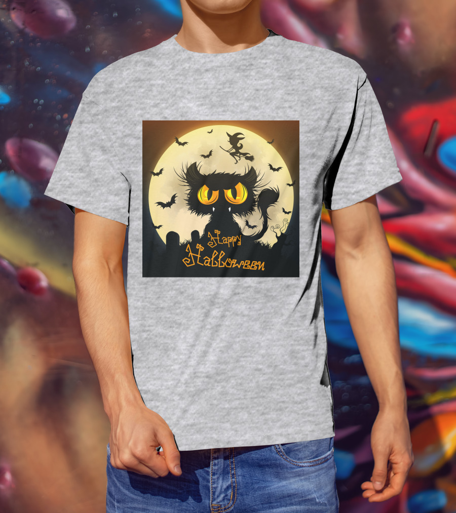 Starry Halloween Cat With Witch And Bats T-Shirt