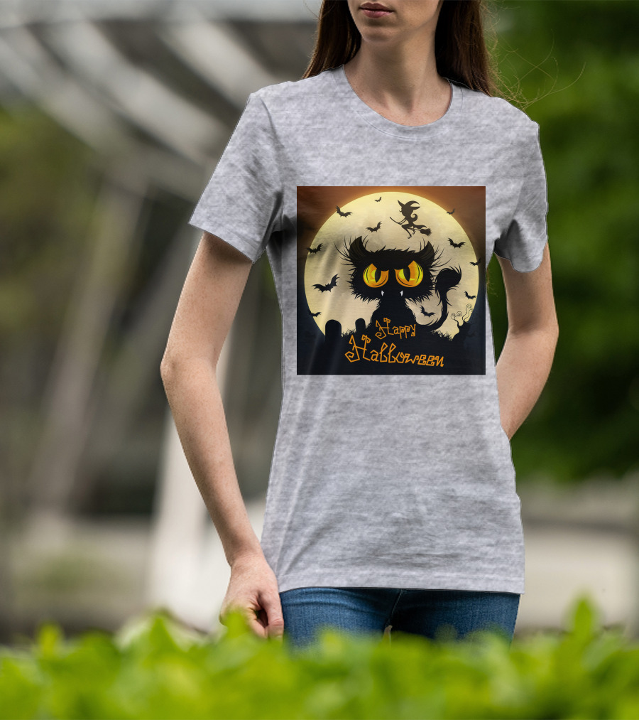 Starry Halloween Cat With Witch And Bats T-Shirt
