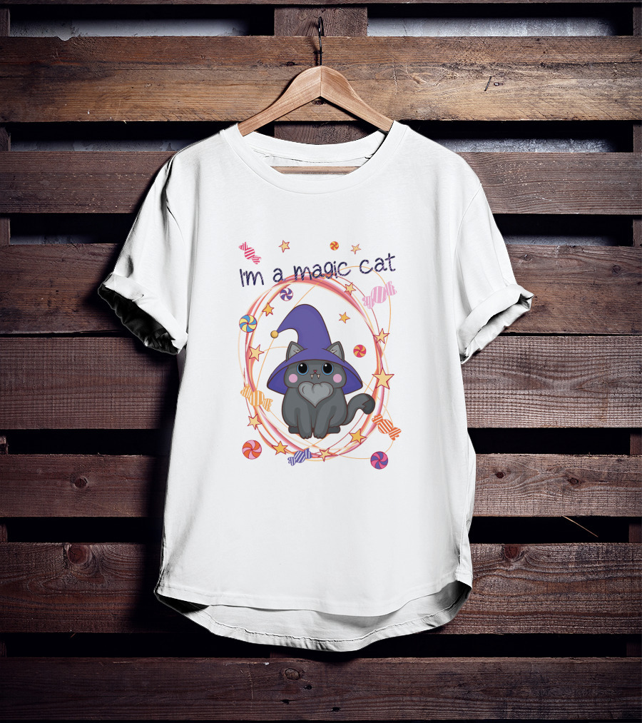 I'm A Magic Cat Wizard Hat Candy Stars T-Shirt
