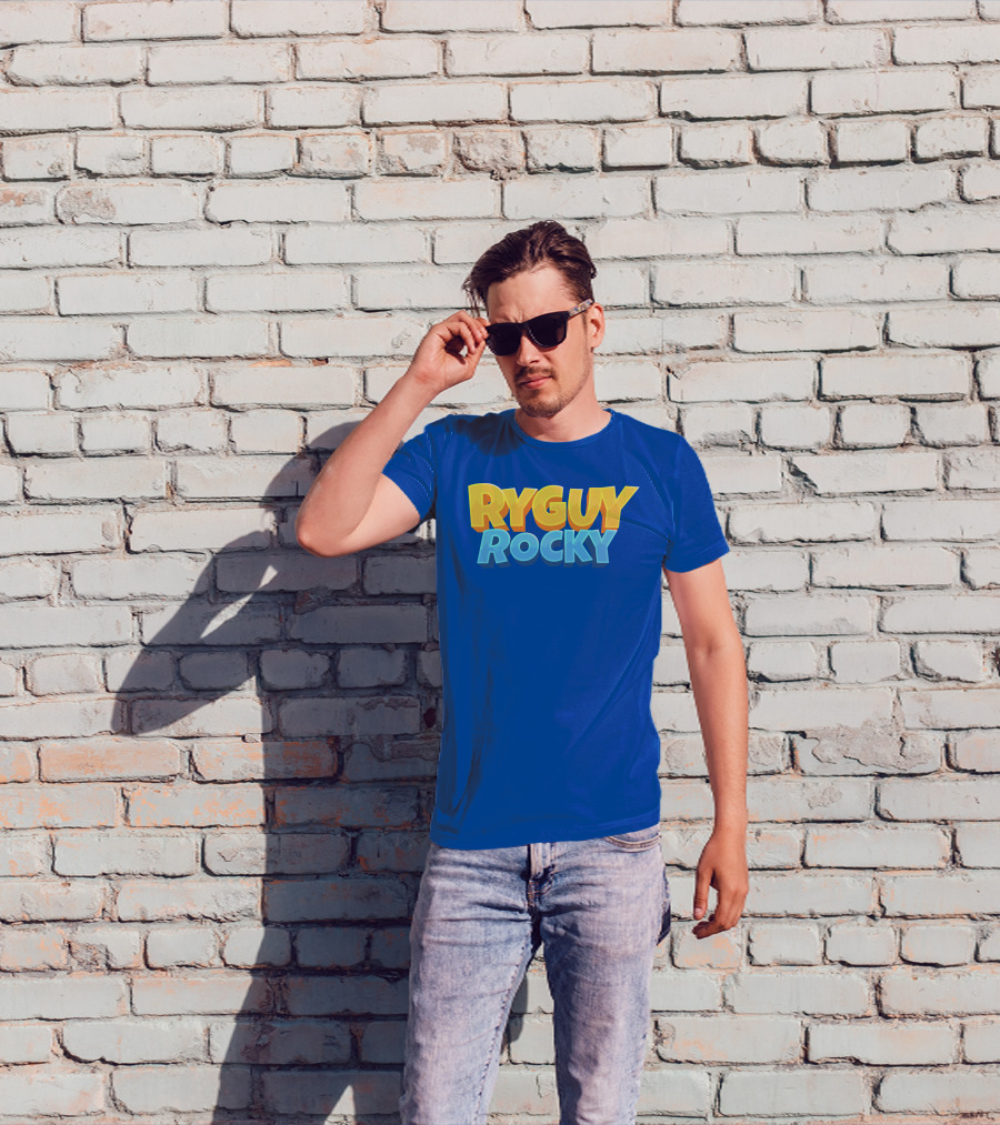 RYGUYROCKY Bold Text Logo Blue Background T-Shirt