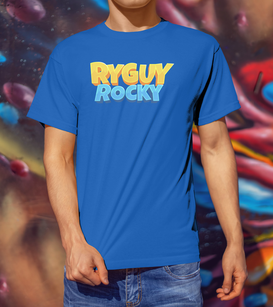 RYGUYROCKY Bold Text Logo Blue Background T-Shirt