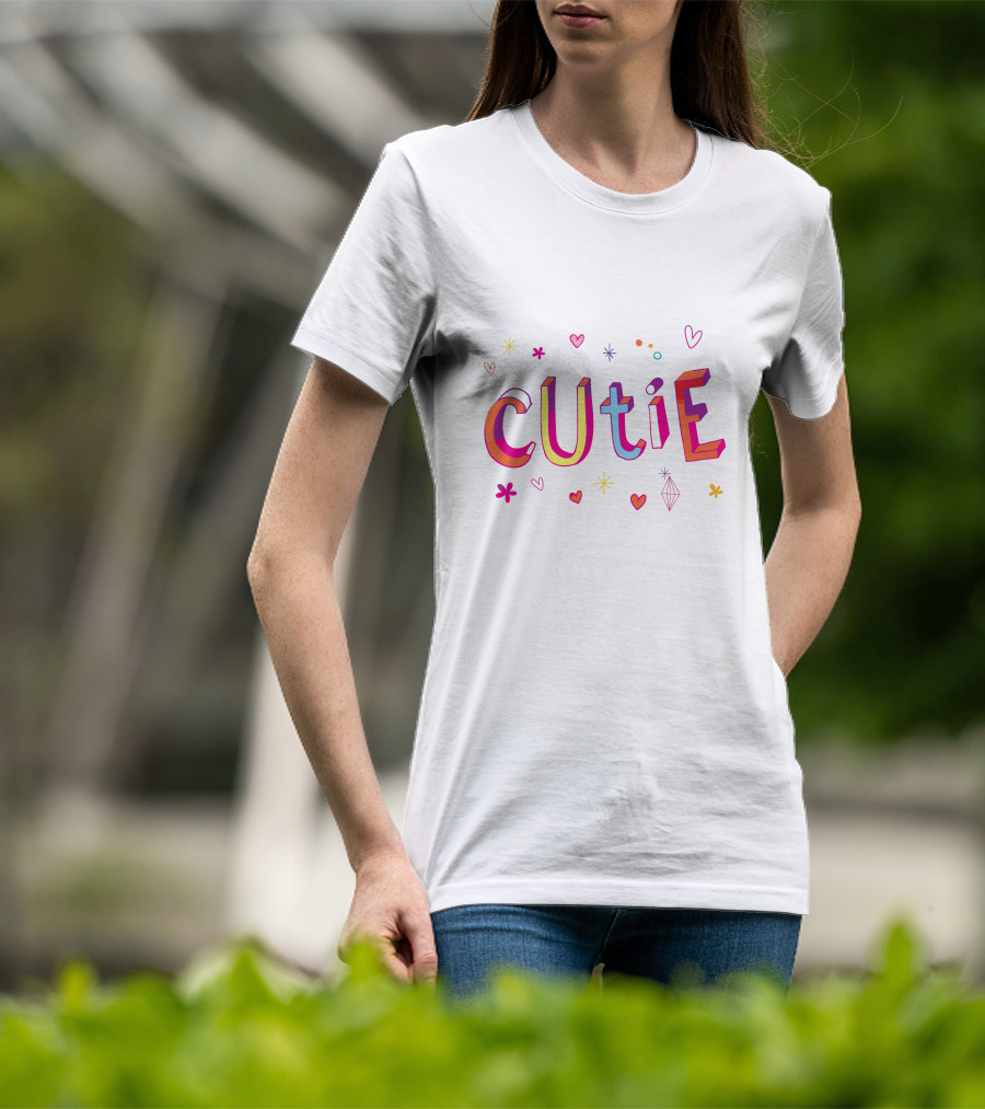 CUTIE Hearts And Stars Colorful Typography T-Shirt