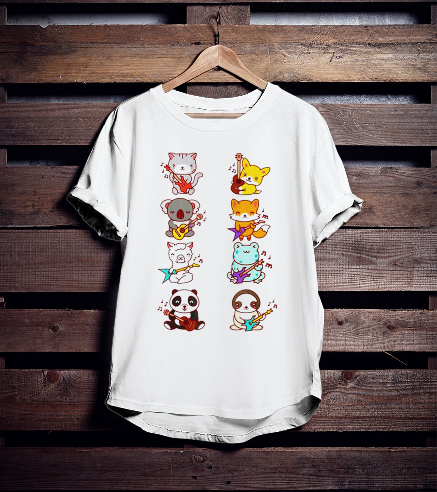Cat Fox Koala Alpaca Frog Panda Animals Playing Acoustic Electric Guitars Kawaii T-Shirt