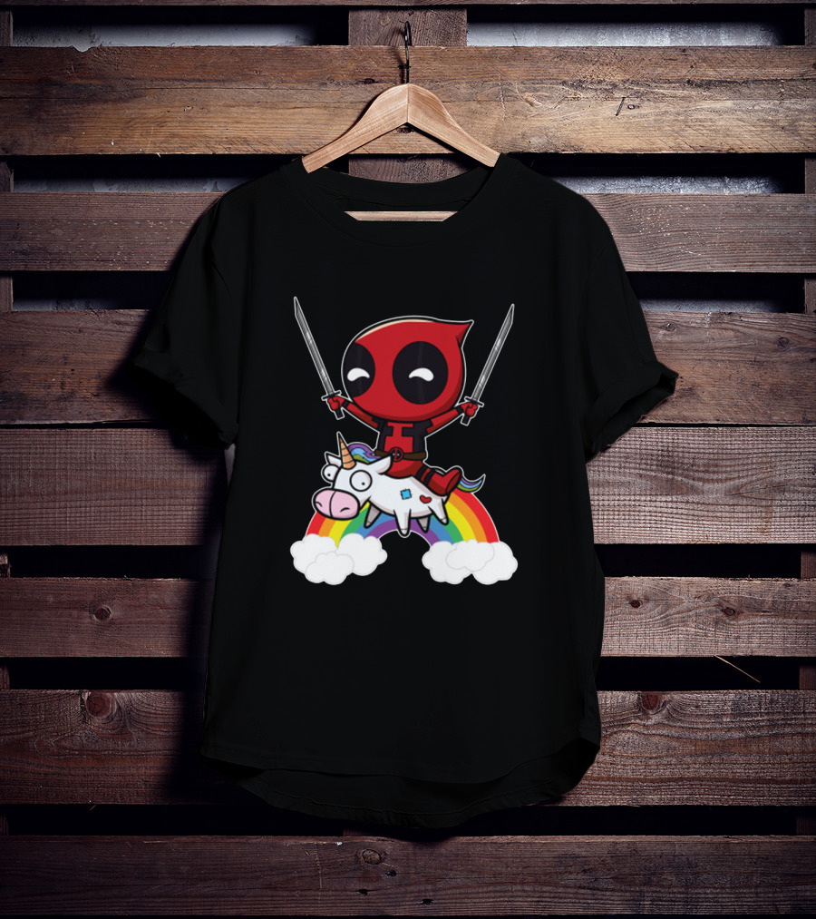 Chibi Deadpool Riding Epic Rainbow Unicorn With Dual Katanas T-Shirt