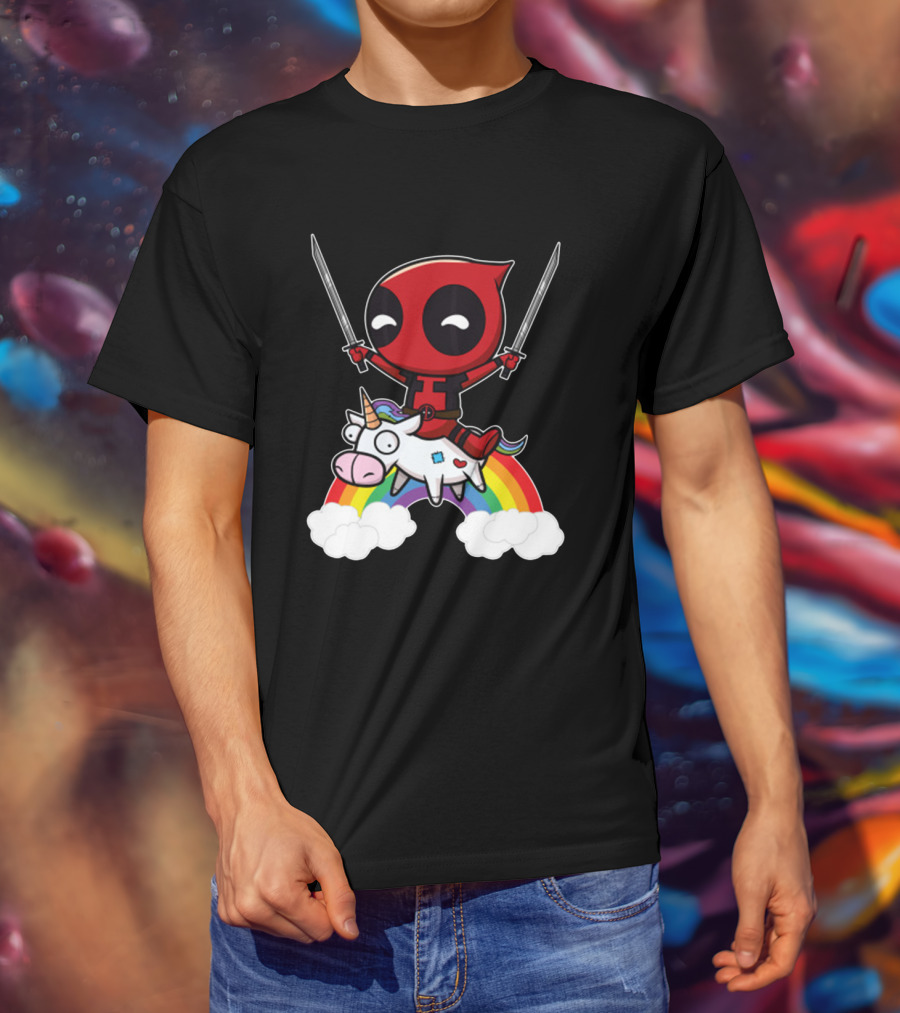 Chibi Deadpool Riding Epic Rainbow Unicorn With Dual Katanas T-Shirt