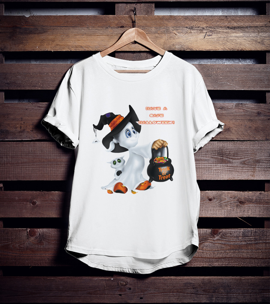 Have A Safe Halloween Trick Or Treat Party Ghost With A Witch Hat And Candy T-Shirt