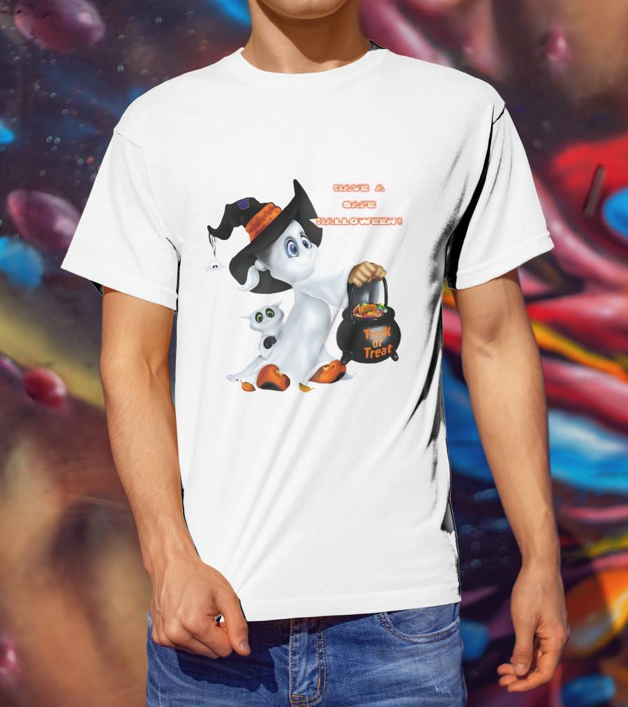 Have A Safe Halloween Trick Or Treat Party Ghost With A Witch Hat And Candy T-Shirt