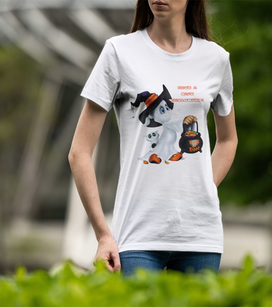 Have A Safe Halloween Trick Or Treat Party Ghost With A Witch Hat And Candy T-Shirt
