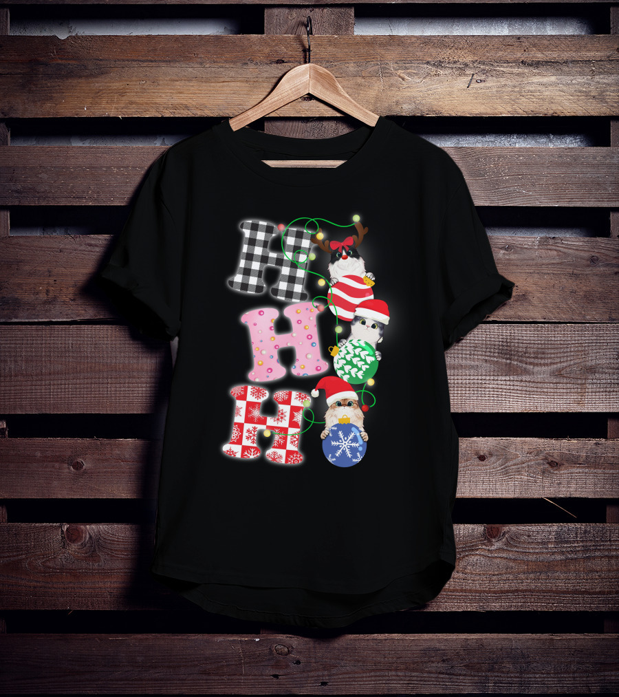 HO HO HO Christmas Cats In Holiday Hats And Ornaments T-Shirt